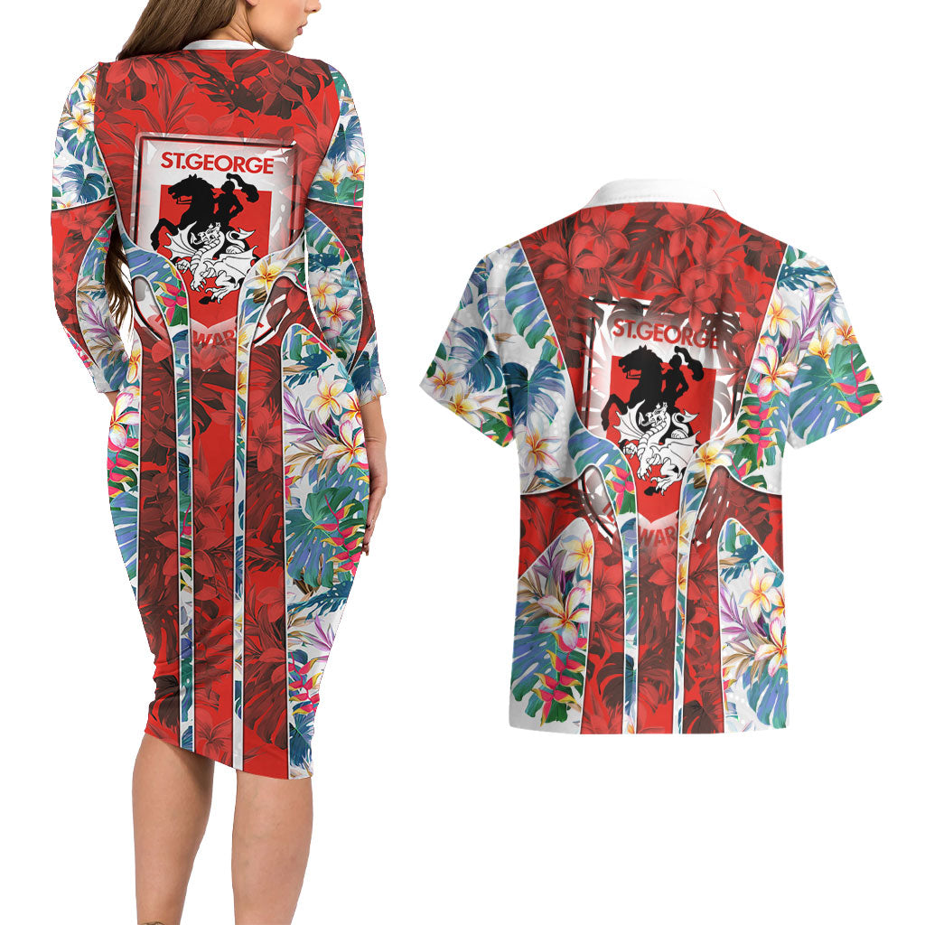 St George Illawarra Dragons Couples Matching Long Sleeve Bodycon Dress and Hawaiian Shirt Tropical Hibiscus Floral Pattern With Red And White Accents