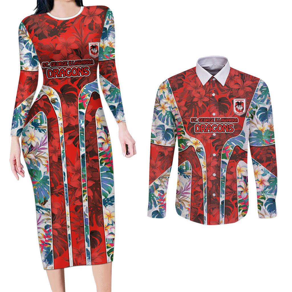 St George Illawarra Dragons Couples Matching Long Sleeve Bodycon Dress and Long Sleeve Button Shirt Tropical Hibiscus Floral Pattern With Red And White Accents