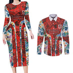 St George Illawarra Dragons Couples Matching Long Sleeve Bodycon Dress and Long Sleeve Button Shirt Tropical Hibiscus Floral Pattern With Red And White Accents