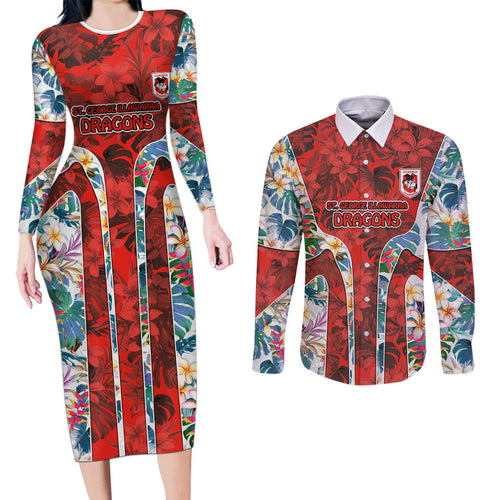 St George Illawarra Dragons Couples Matching Long Sleeve Bodycon Dress and Long Sleeve Button Shirt Tropical Hibiscus Floral Pattern With Red And White Accents