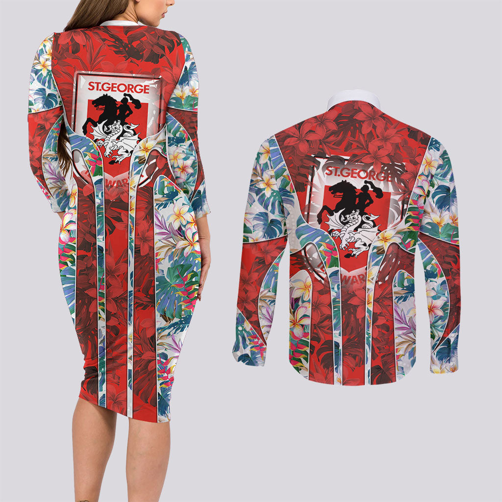 St George Illawarra Dragons Couples Matching Long Sleeve Bodycon Dress and Long Sleeve Button Shirt Tropical Hibiscus Floral Pattern With Red And White Accents
