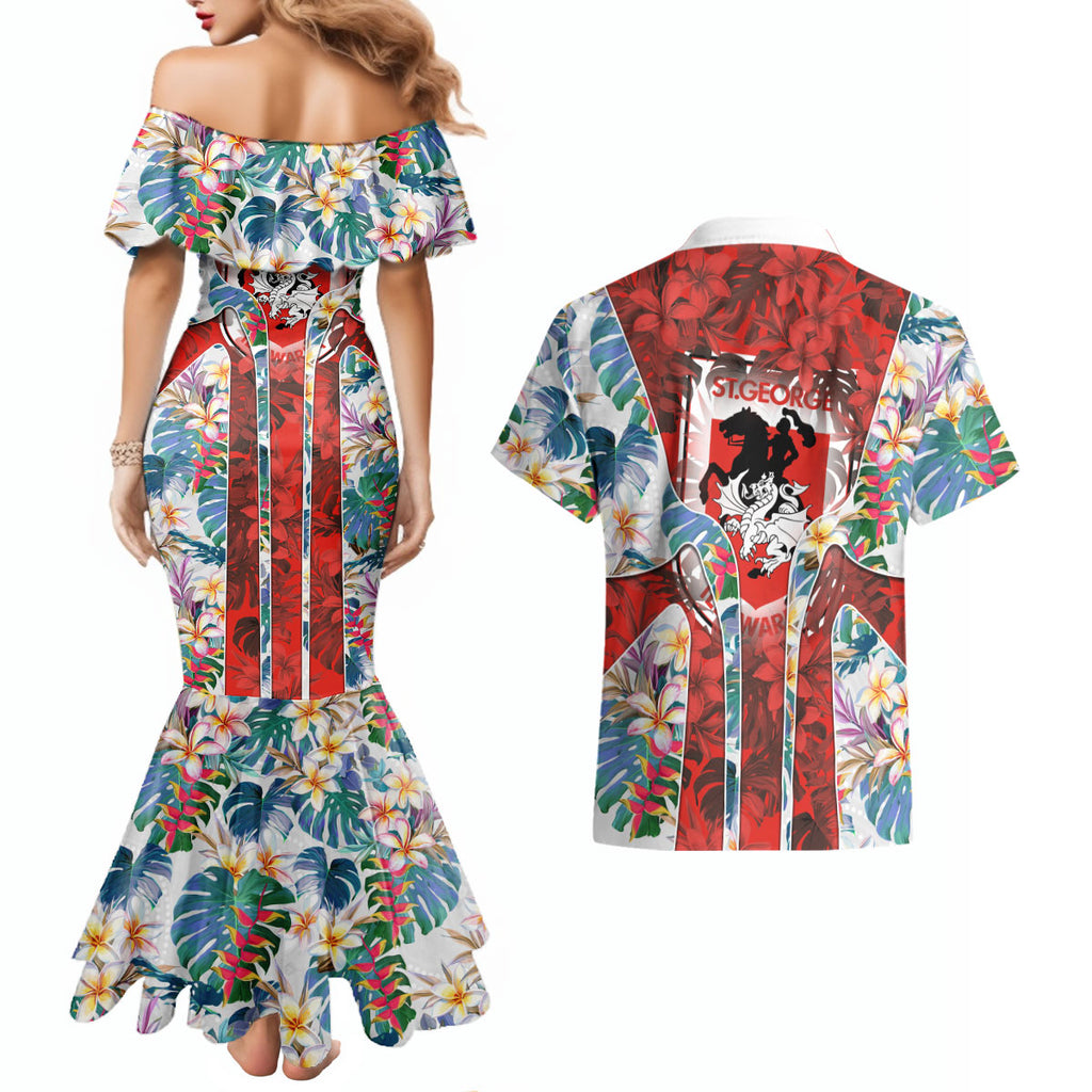 St George Illawarra Dragons Couples Matching Mermaid Dress and Hawaiian Shirt Tropical Hibiscus Floral Pattern With Red And White Accents