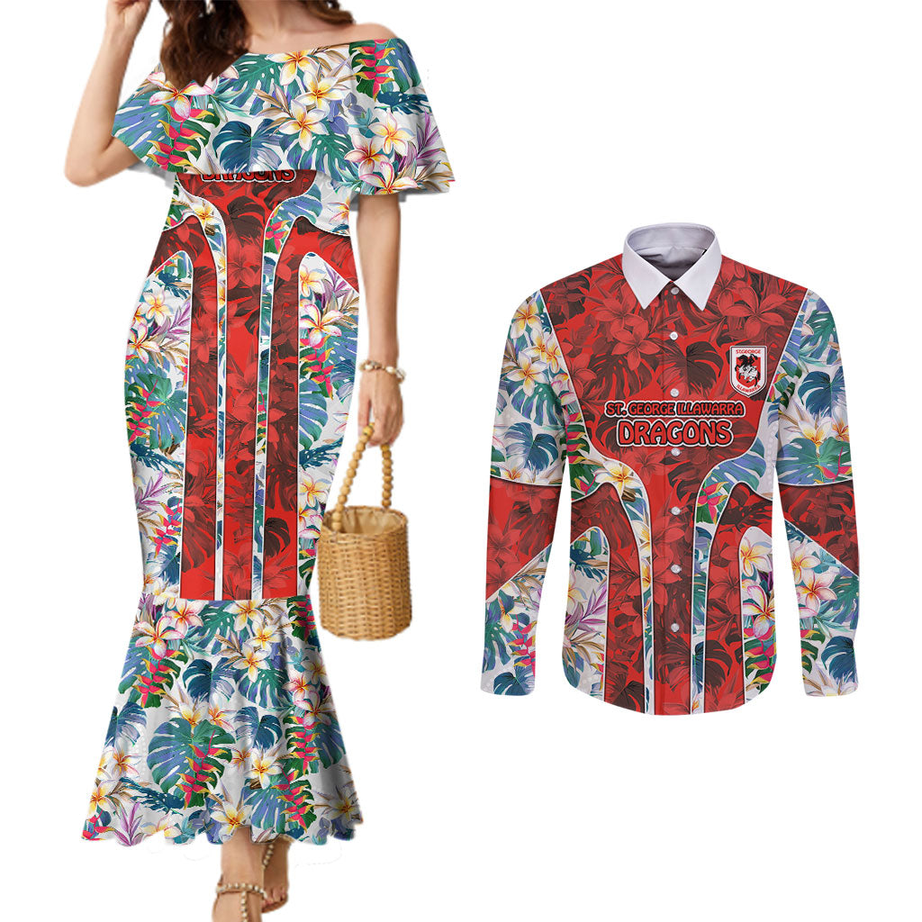 St George Illawarra Dragons Couples Matching Mermaid Dress and Long Sleeve Button Shirt Tropical Hibiscus Floral Pattern With Red And White Accents