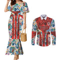 St George Illawarra Dragons Couples Matching Mermaid Dress and Long Sleeve Button Shirt Tropical Hibiscus Floral Pattern With Red And White Accents