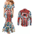 St George Illawarra Dragons Couples Matching Mermaid Dress and Long Sleeve Button Shirt Tropical Hibiscus Floral Pattern With Red And White Accents