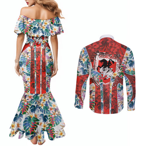 St George Illawarra Dragons Couples Matching Mermaid Dress and Long Sleeve Button Shirt Tropical Hibiscus Floral Pattern With Red And White Accents
