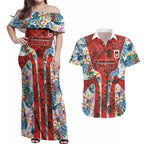 St George Illawarra Dragons Couples Matching Off Shoulder Maxi Dress and Hawaiian Shirt Tropical Hibiscus Floral Pattern With Red And White Accents