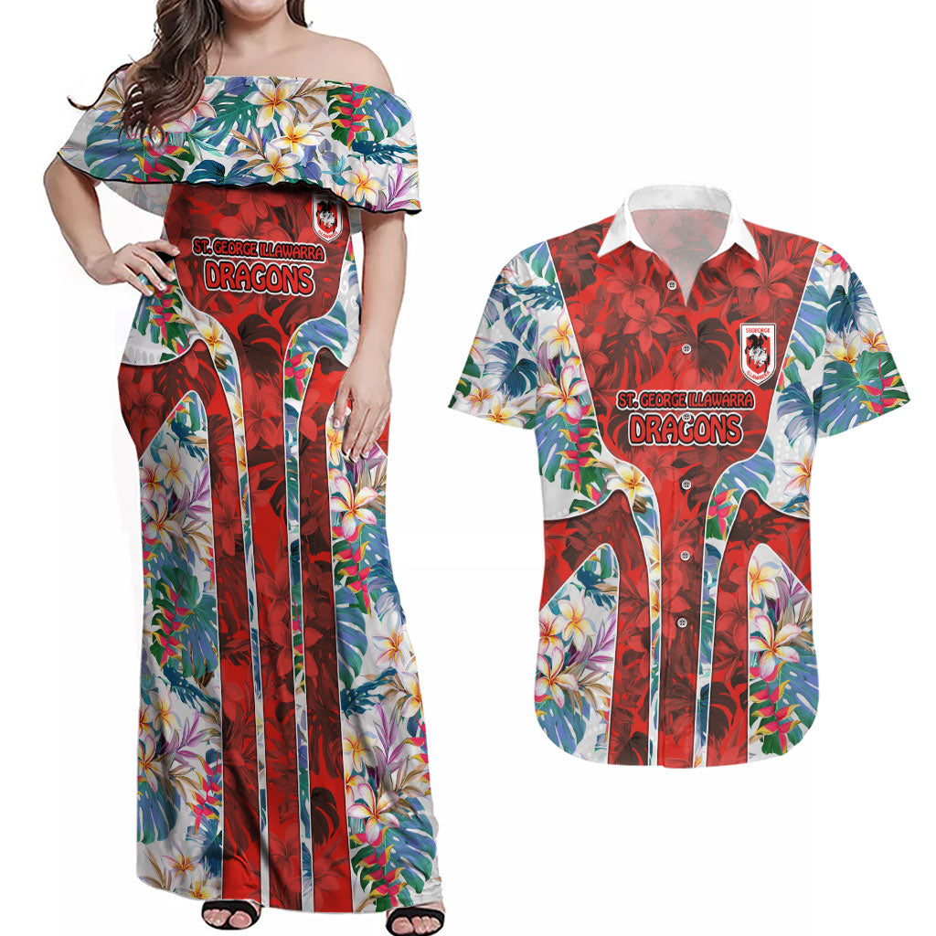 St George Illawarra Dragons Couples Matching Off Shoulder Maxi Dress and Hawaiian Shirt Tropical Hibiscus Floral Pattern With Red And White Accents