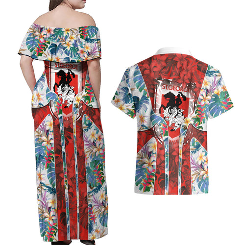 St George Illawarra Dragons Couples Matching Off Shoulder Maxi Dress and Hawaiian Shirt Tropical Hibiscus Floral Pattern With Red And White Accents
