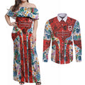 St George Illawarra Dragons Couples Matching Off Shoulder Maxi Dress and Long Sleeve Button Shirt Tropical Hibiscus Floral Pattern With Red And White Accents