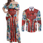 St George Illawarra Dragons Couples Matching Off Shoulder Maxi Dress and Long Sleeve Button Shirt Tropical Hibiscus Floral Pattern With Red And White Accents