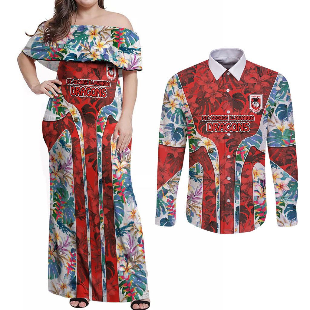 St George Illawarra Dragons Couples Matching Off Shoulder Maxi Dress and Long Sleeve Button Shirt Tropical Hibiscus Floral Pattern With Red And White Accents