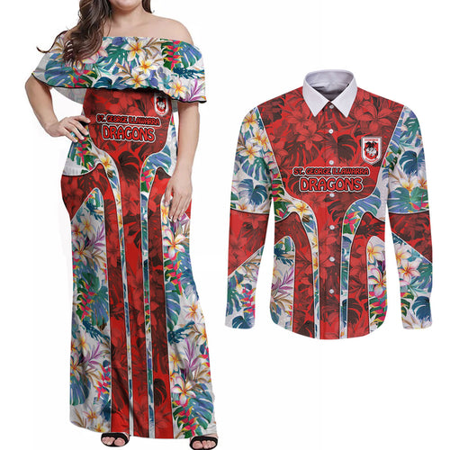 St George Illawarra Dragons Couples Matching Off Shoulder Maxi Dress and Long Sleeve Button Shirt Tropical Hibiscus Floral Pattern With Red And White Accents