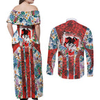 St George Illawarra Dragons Couples Matching Off Shoulder Maxi Dress and Long Sleeve Button Shirt Tropical Hibiscus Floral Pattern With Red And White Accents