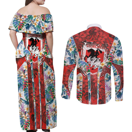 St George Illawarra Dragons Couples Matching Off Shoulder Maxi Dress and Long Sleeve Button Shirt Tropical Hibiscus Floral Pattern With Red And White Accents