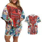 St George Illawarra Dragons Couples Matching Off Shoulder Short Dress and Hawaiian Shirt Tropical Hibiscus Floral Pattern With Red And White Accents
