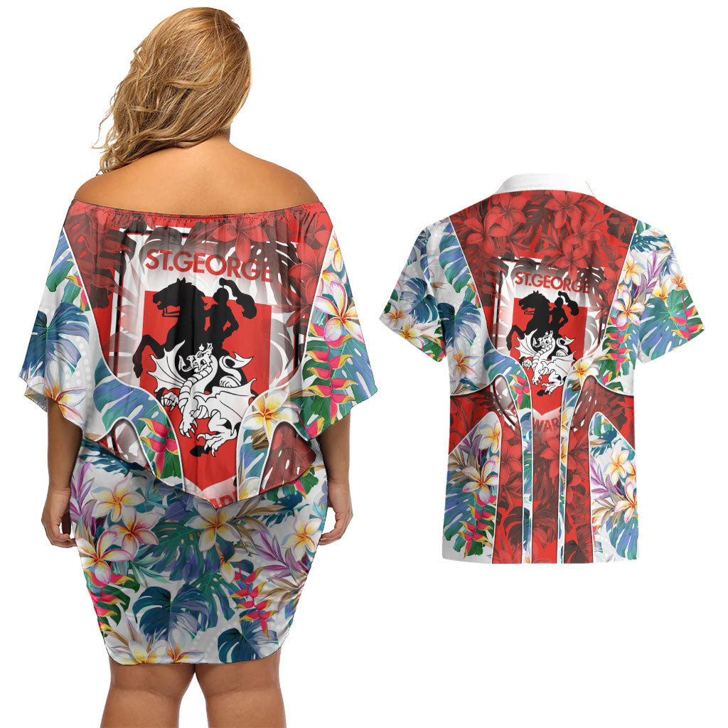 St George Illawarra Dragons Couples Matching Off Shoulder Short Dress and Hawaiian Shirt Tropical Hibiscus Floral Pattern With Red And White Accents