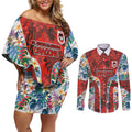 St George Illawarra Dragons Couples Matching Off Shoulder Short Dress and Long Sleeve Button Shirt Tropical Hibiscus Floral Pattern With Red And White Accents