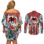 St George Illawarra Dragons Couples Matching Off Shoulder Short Dress and Long Sleeve Button Shirt Tropical Hibiscus Floral Pattern With Red And White Accents
