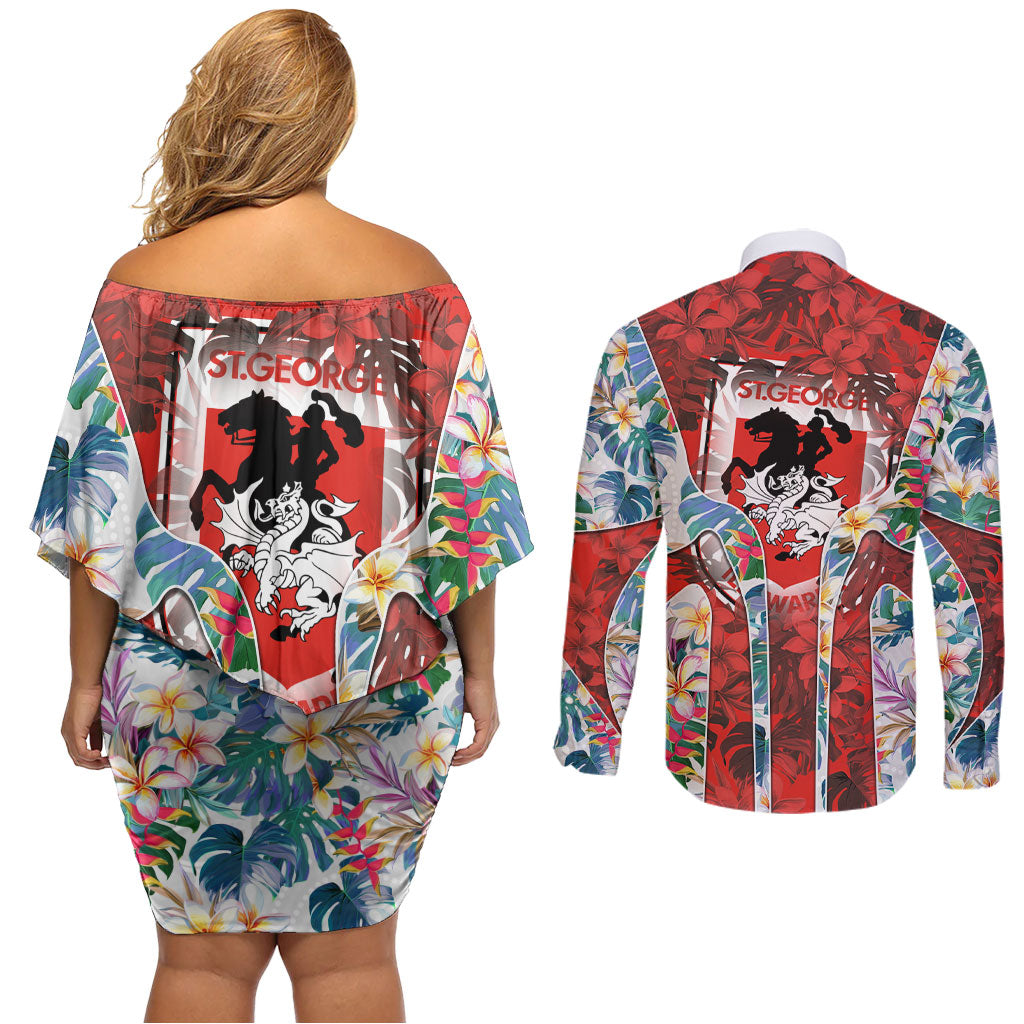 St George Illawarra Dragons Couples Matching Off Shoulder Short Dress and Long Sleeve Button Shirt Tropical Hibiscus Floral Pattern With Red And White Accents