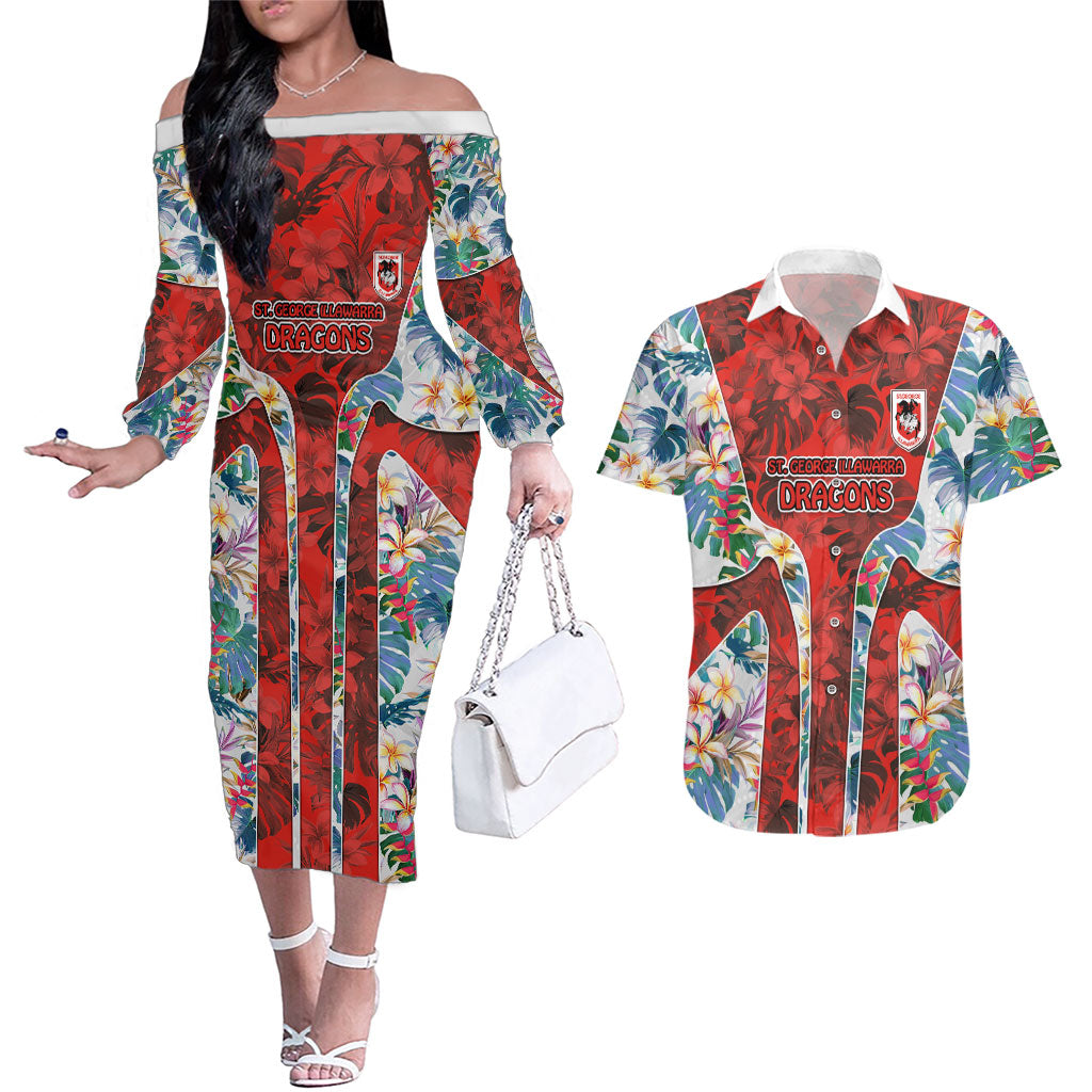 St George Illawarra Dragons Couples Matching Off The Shoulder Long Sleeve Dress and Hawaiian Shirt Tropical Hibiscus Floral Pattern With Red And White Accents