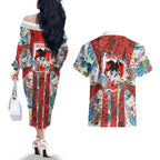 St George Illawarra Dragons Couples Matching Off The Shoulder Long Sleeve Dress and Hawaiian Shirt Tropical Hibiscus Floral Pattern With Red And White Accents