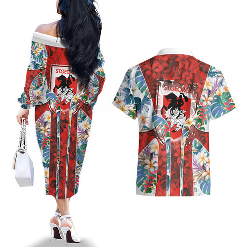 St George Illawarra Dragons Couples Matching Off The Shoulder Long Sleeve Dress and Hawaiian Shirt Tropical Hibiscus Floral Pattern With Red And White Accents