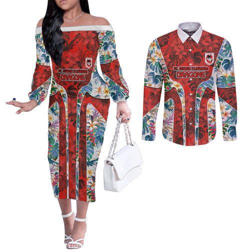 St George Illawarra Dragons Couples Matching Off The Shoulder Long Sleeve Dress and Long Sleeve Button Shirt Tropical Hibiscus Floral Pattern With Red And White Accents