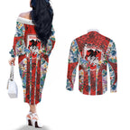 St George Illawarra Dragons Couples Matching Off The Shoulder Long Sleeve Dress and Long Sleeve Button Shirt Tropical Hibiscus Floral Pattern With Red And White Accents