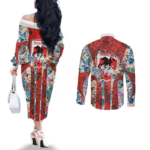 St George Illawarra Dragons Couples Matching Off The Shoulder Long Sleeve Dress and Long Sleeve Button Shirt Tropical Hibiscus Floral Pattern With Red And White Accents
