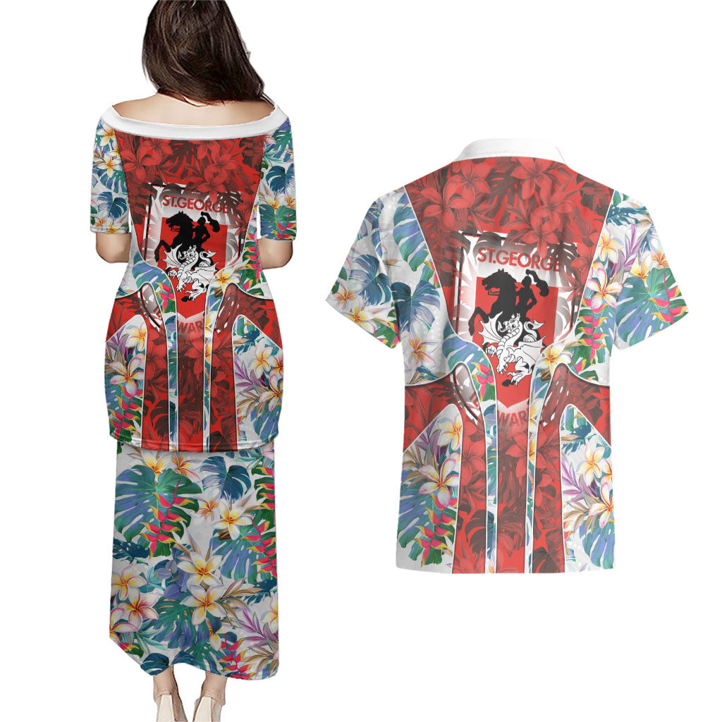 St George Illawarra Dragons Couples Matching Puletasi and Hawaiian Shirt Tropical Hibiscus Floral Pattern With Red And White Accents