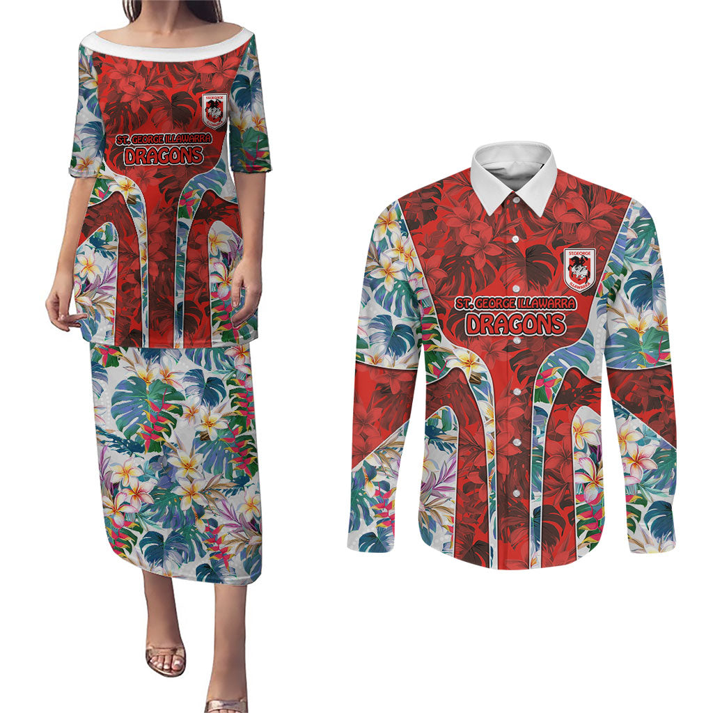 St George Illawarra Dragons Couples Matching Puletasi and Long Sleeve Button Shirt Tropical Hibiscus Floral Pattern With Red And White Accents