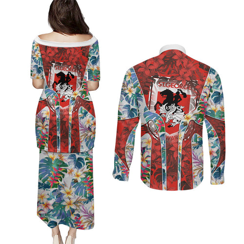 St George Illawarra Dragons Couples Matching Puletasi and Long Sleeve Button Shirt Tropical Hibiscus Floral Pattern With Red And White Accents