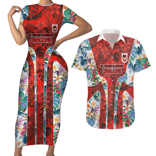 St George Illawarra Dragons Couples Matching Short Sleeve Bodycon Dress and Hawaiian Shirt Tropical Hibiscus Floral Pattern With Red And White Accents