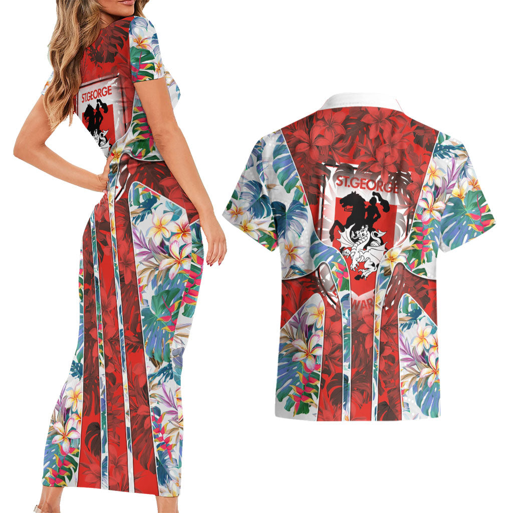 St George Illawarra Dragons Couples Matching Short Sleeve Bodycon Dress and Hawaiian Shirt Tropical Hibiscus Floral Pattern With Red And White Accents