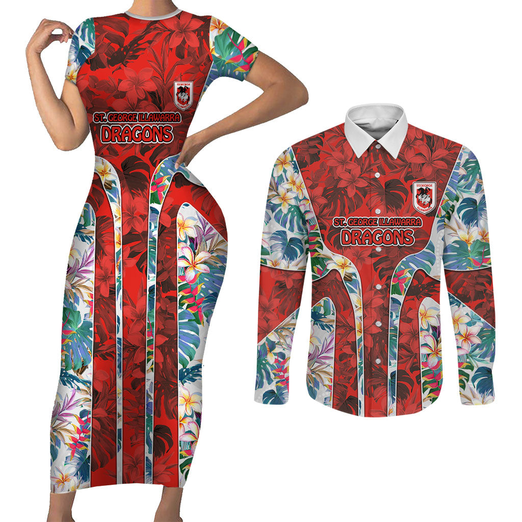 St George Illawarra Dragons Couples Matching Short Sleeve Bodycon Dress and Long Sleeve Button Shirt Tropical Hibiscus Floral Pattern With Red And White Accents