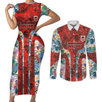 St George Illawarra Dragons Couples Matching Short Sleeve Bodycon Dress and Long Sleeve Button Shirt Tropical Hibiscus Floral Pattern With Red And White Accents