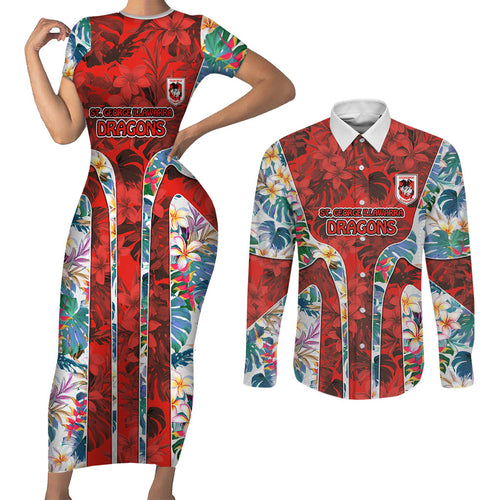 St George Illawarra Dragons Couples Matching Short Sleeve Bodycon Dress and Long Sleeve Button Shirt Tropical Hibiscus Floral Pattern With Red And White Accents