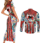 St George Illawarra Dragons Couples Matching Short Sleeve Bodycon Dress and Long Sleeve Button Shirt Tropical Hibiscus Floral Pattern With Red And White Accents