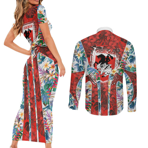 St George Illawarra Dragons Couples Matching Short Sleeve Bodycon Dress and Long Sleeve Button Shirt Tropical Hibiscus Floral Pattern With Red And White Accents
