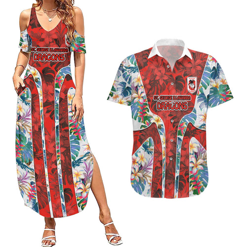St George Illawarra Dragons Couples Matching Summer Maxi Dress and Hawaiian Shirt Tropical Hibiscus Floral Pattern With Red And White Accents