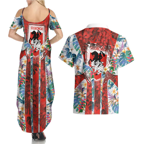 St George Illawarra Dragons Couples Matching Summer Maxi Dress and Hawaiian Shirt Tropical Hibiscus Floral Pattern With Red And White Accents