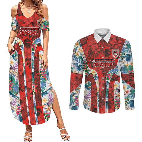 St George Illawarra Dragons Couples Matching Summer Maxi Dress and Long Sleeve Button Shirt Tropical Hibiscus Floral Pattern With Red And White Accents