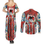 St George Illawarra Dragons Couples Matching Summer Maxi Dress and Long Sleeve Button Shirt Tropical Hibiscus Floral Pattern With Red And White Accents