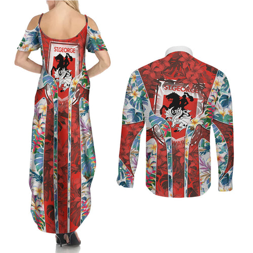 St George Illawarra Dragons Couples Matching Summer Maxi Dress and Long Sleeve Button Shirt Tropical Hibiscus Floral Pattern With Red And White Accents