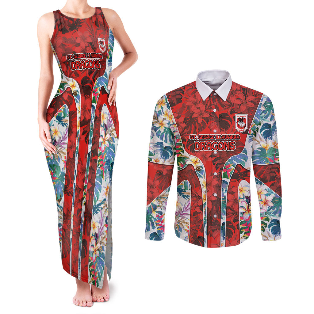 St George Illawarra Dragons Couples Matching Tank Maxi Dress and Long Sleeve Button Shirt Tropical Hibiscus Floral Pattern With Red And White Accents