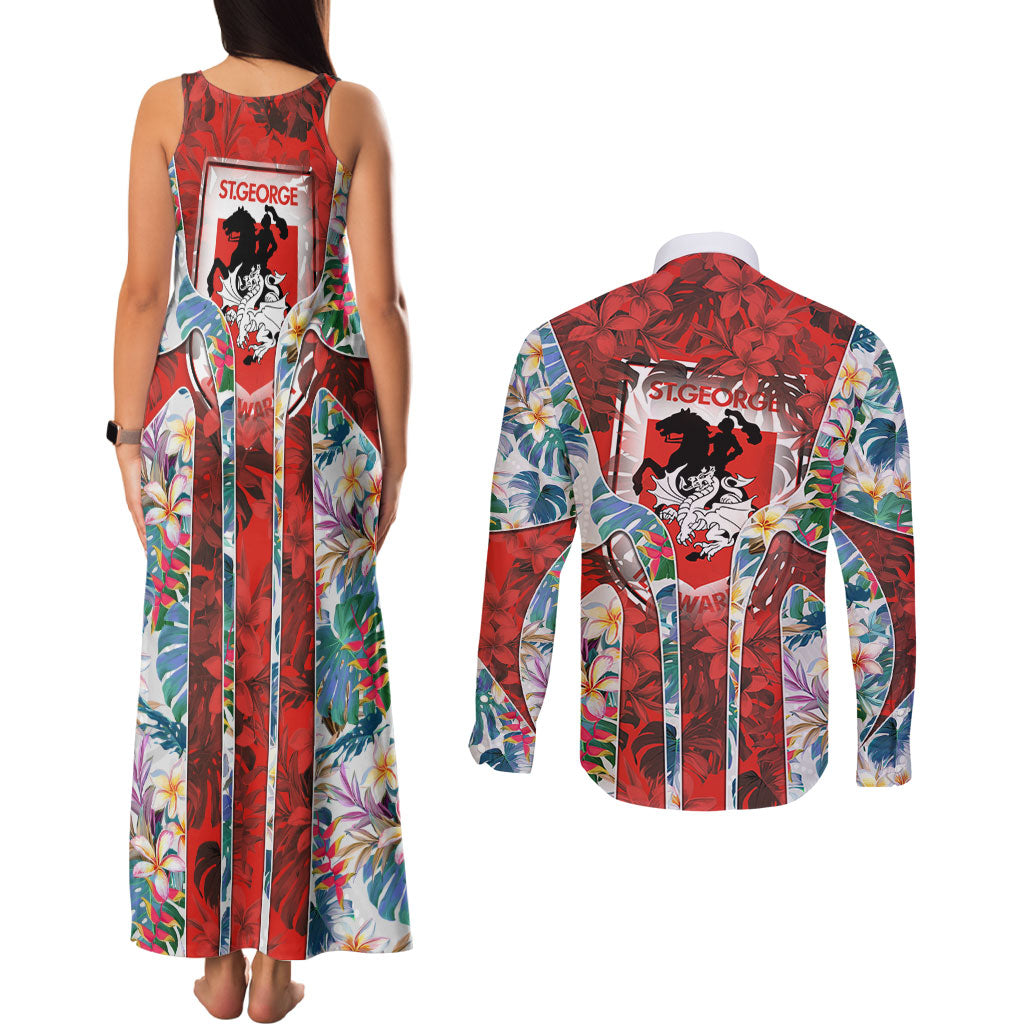 St George Illawarra Dragons Couples Matching Tank Maxi Dress and Long Sleeve Button Shirt Tropical Hibiscus Floral Pattern With Red And White Accents