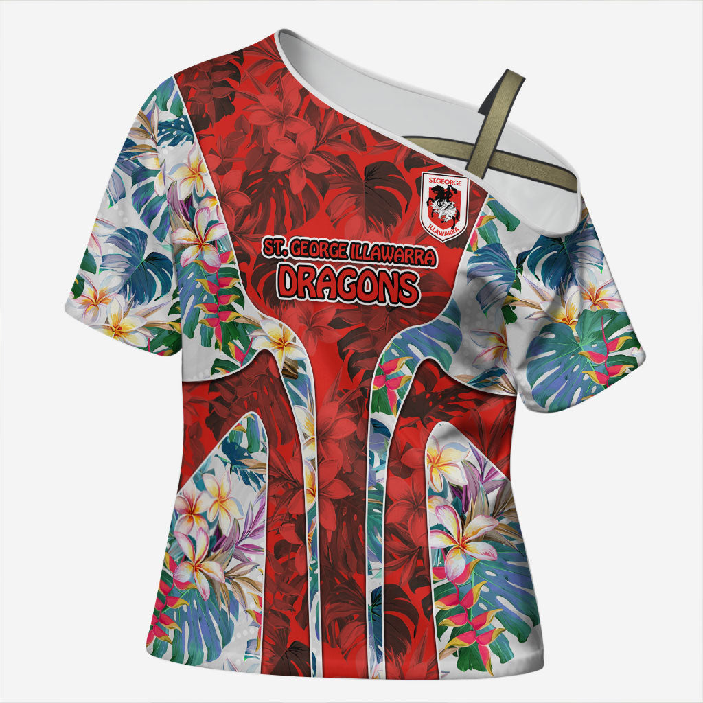 St George Illawarra Dragons Cross Shoulder Shirt Tropical Hibiscus Floral Pattern With Red And White Accents