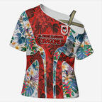 St George Illawarra Dragons Cross Shoulder Shirt Tropical Hibiscus Floral Pattern With Red And White Accents