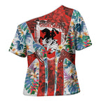 St George Illawarra Dragons Cross Shoulder Shirt Tropical Hibiscus Floral Pattern With Red And White Accents